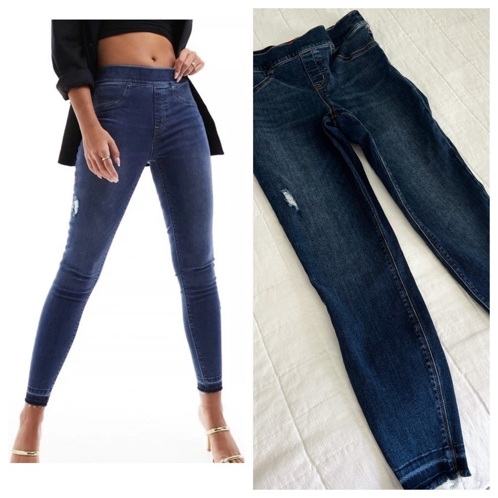 Spanx‎ Jeans Women's SMALL Blue Jean Ankle Skinny Distressed Pull On Jegging